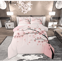 Feelyou Pink Cherry Blossoms Bedding Comforter Set for Girls, Romantic Flower Floral Twin Comforter Sets, Japanese Style Reversible Bedding Set, Luxury Bedroom Decor, 2 Pieces