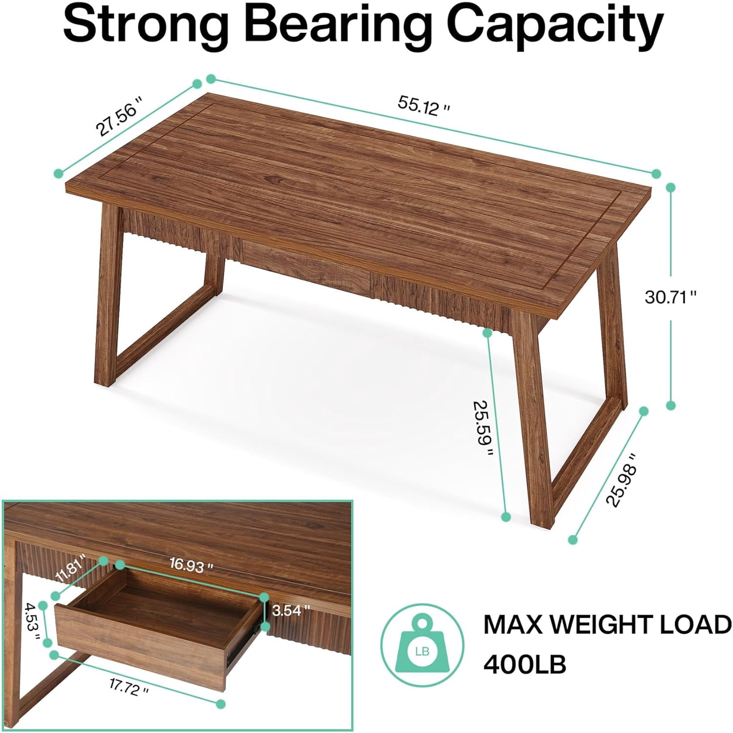 Tribesigns 55" Executive Desk, Solid Wood Home Office Computer Desk with Drawer, Walnut Brown