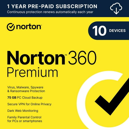 Norton 360 Premium, Antivirus Software for 10 Devices, 1 Year Subscription, PC/Mac/iOS/Android [Digital Download]