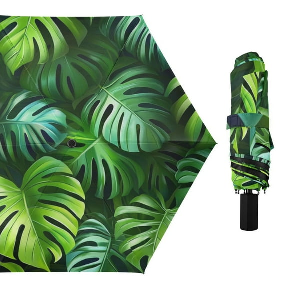 Green Tropical Leaves All Weather Umbrella Triple Folding Parasol 6 Ribs UV Protection Portable