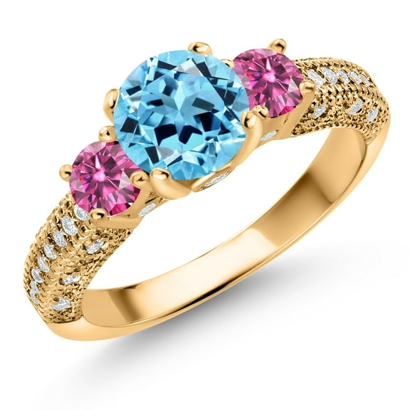 Gem Stone King 18K Yellow Gold Plated Silver Swiss Blue Topaz Pink Moissanite and White Moissanite Engagement Ring for Women (2.19 Cttw, Gemstone November Birthstone, Round 7MM and 4MM, Size 8)