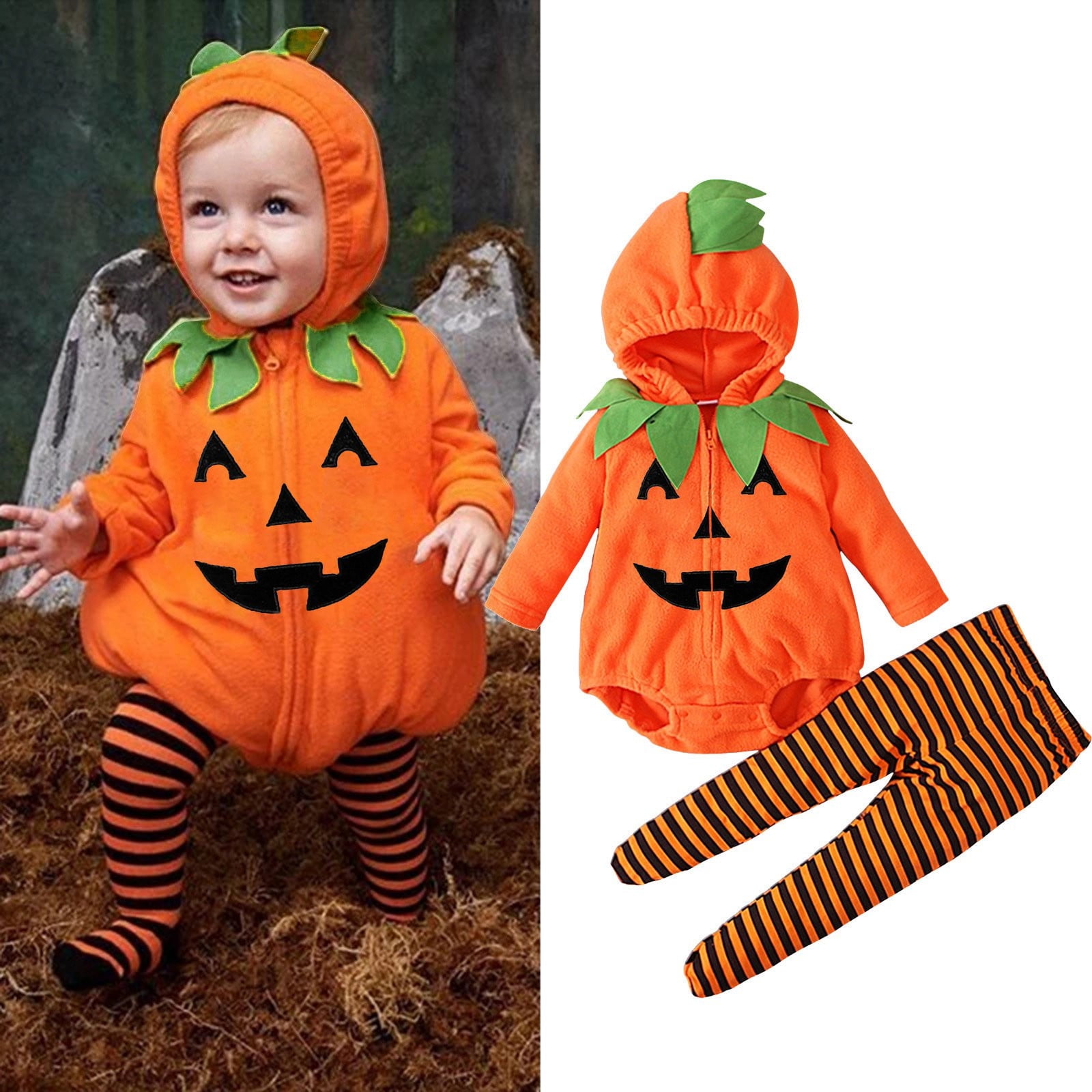Girls Outfits&Set Halloween Hooded Romper with Zipper Front Long Sleeve Tops and Striped Footed Leggings Set for Baby Girls, Orange, 12-18 Months