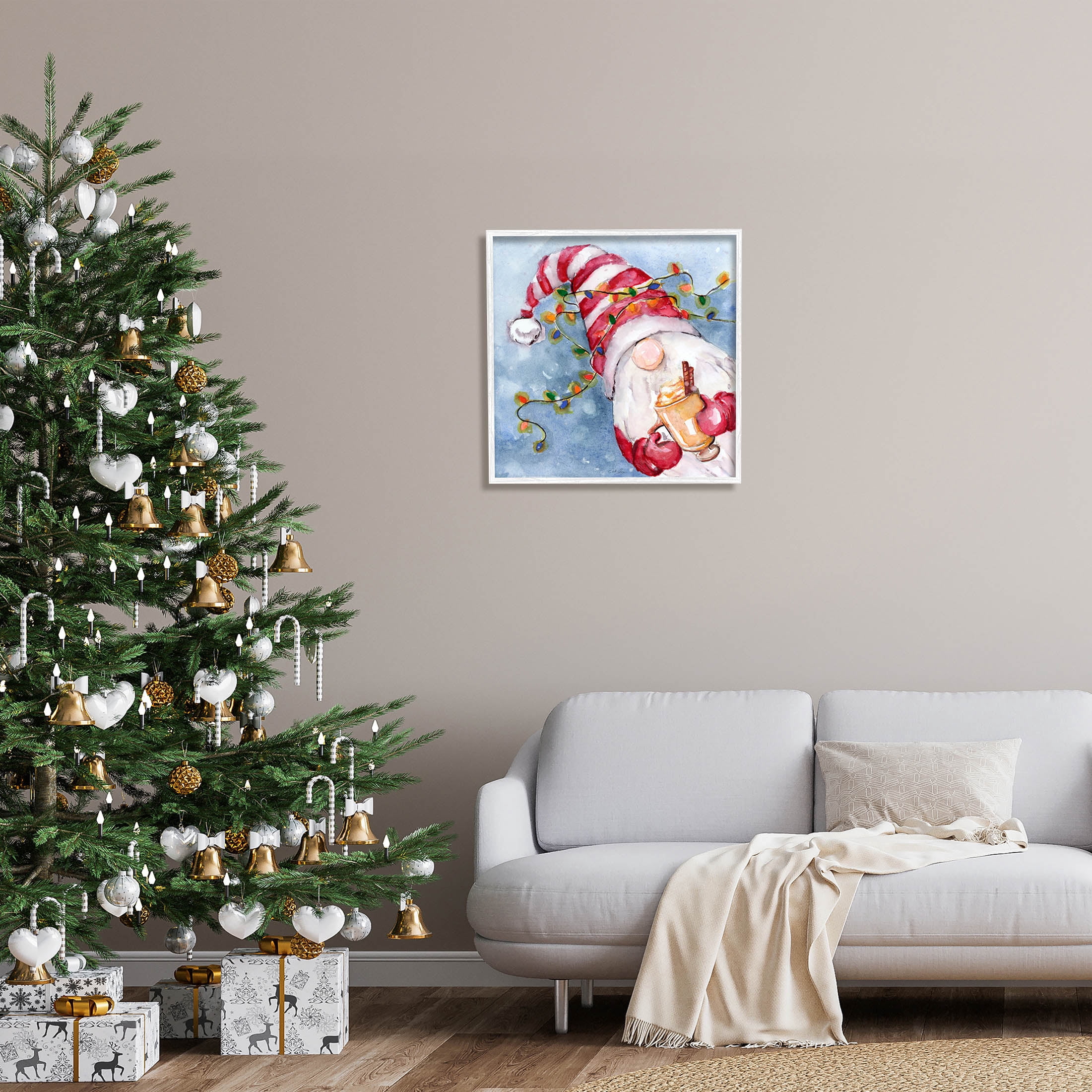 Stupell Industries Santa Gnome Holiday Lights Graphic Art White Framed Art Print Wall Art, Design by Stella Chang