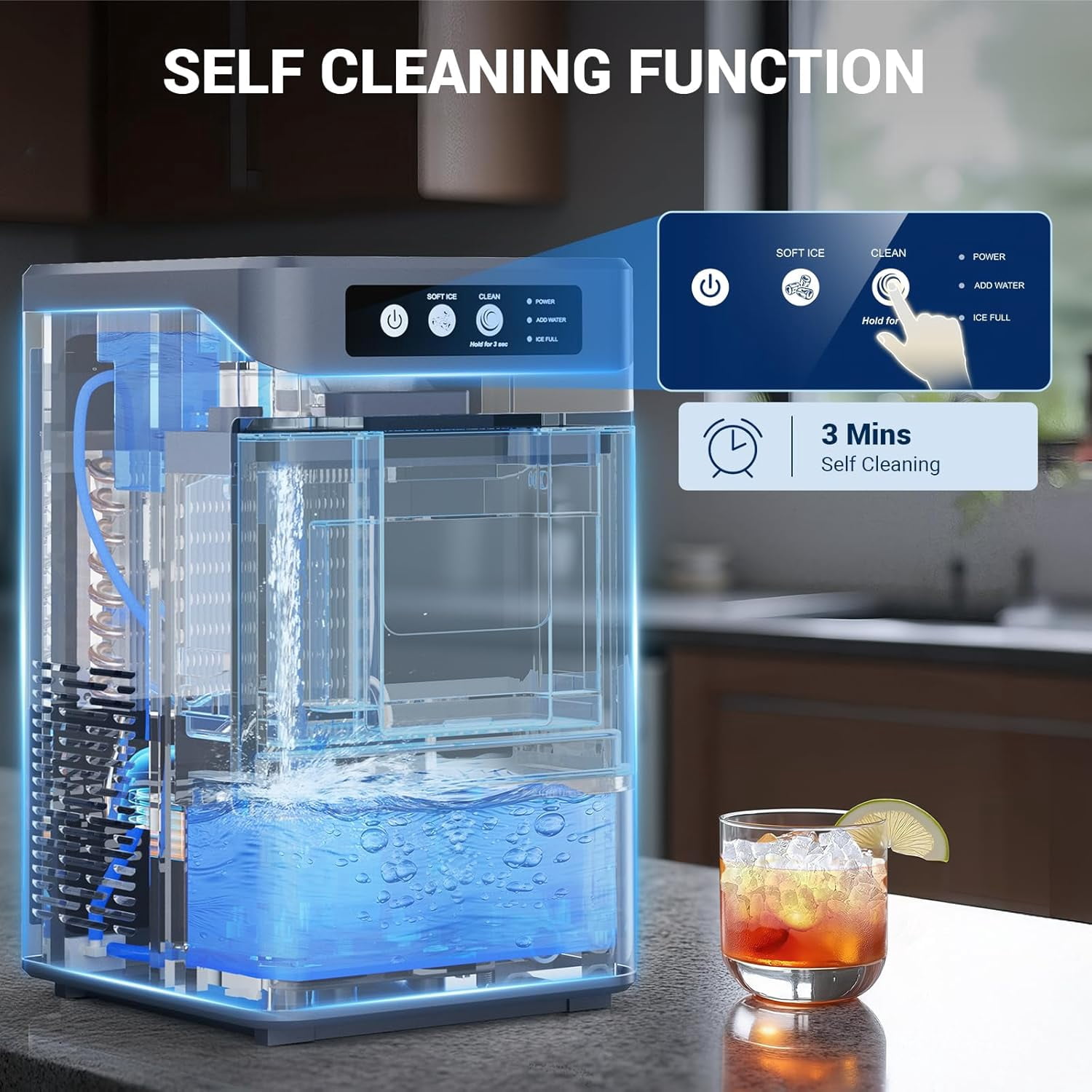 Countertop Ice Maker, Self-Cleaning Nugget Ice Machine for Home, 43Lbs/24H, Soft Chewable Pellet Ice, Stainless Steel, Portable for Kitchen Office Bar