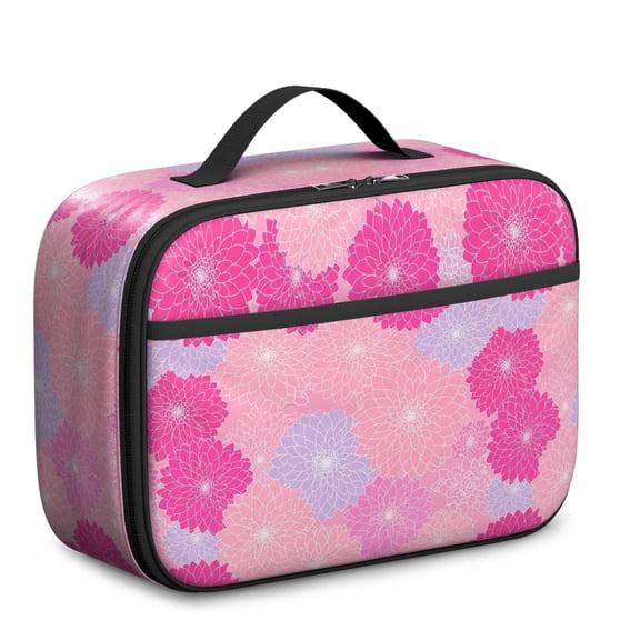 Geometric Flower and Dahlia Pink Insulated Lunch Bag Teens,Bento School Lunch Bag for Teens for Work,Picnic or Travel 10.6x7.7x4.3 Inches,12 Can Capacity