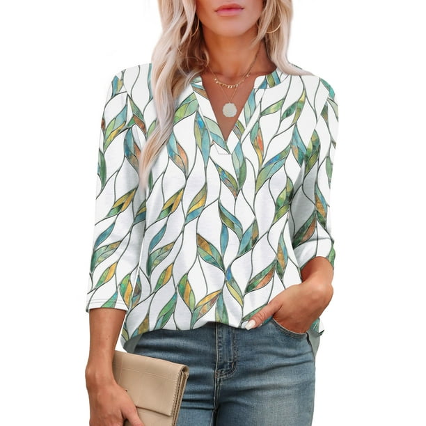 Túnicas OFEEFAN con cuello en V y manga 3/4, holgadas, para mujer