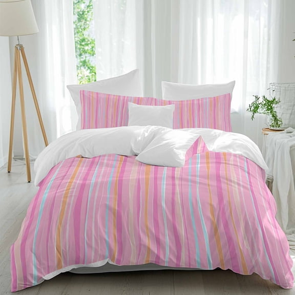 3 Piece Pink Orange Blue Stripe Duvet Cover Set Queen Size,Microfiber Comforter/Quilt Cover with Corner Ties and 2 Pillowcases,Modern Abstract Art Striped Farmhouse Soft Bedding with Zipper Closure