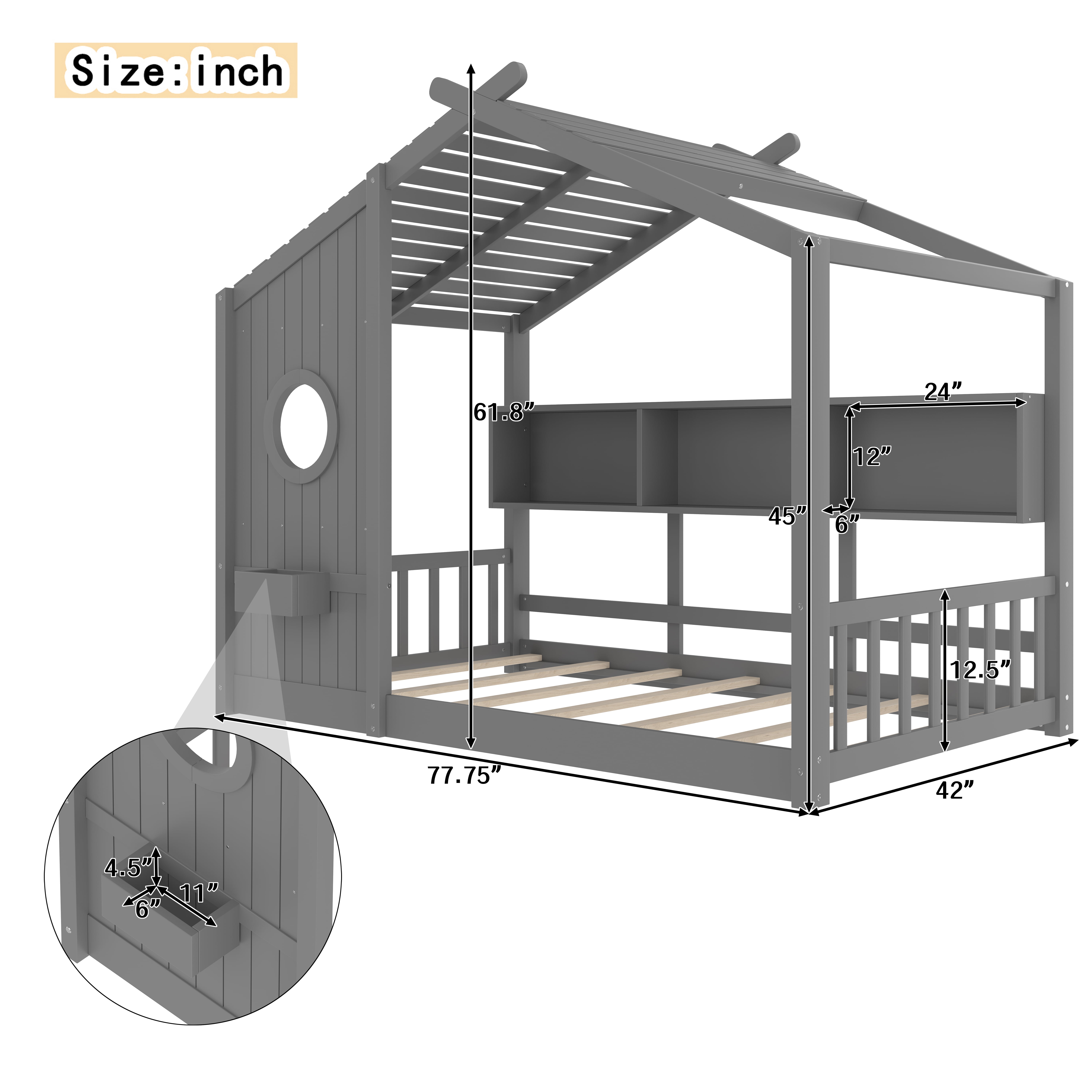 Miniyam Twin Size Montessori Floor House Bed with Roof Design and Storage Shelf for Kids, Gray