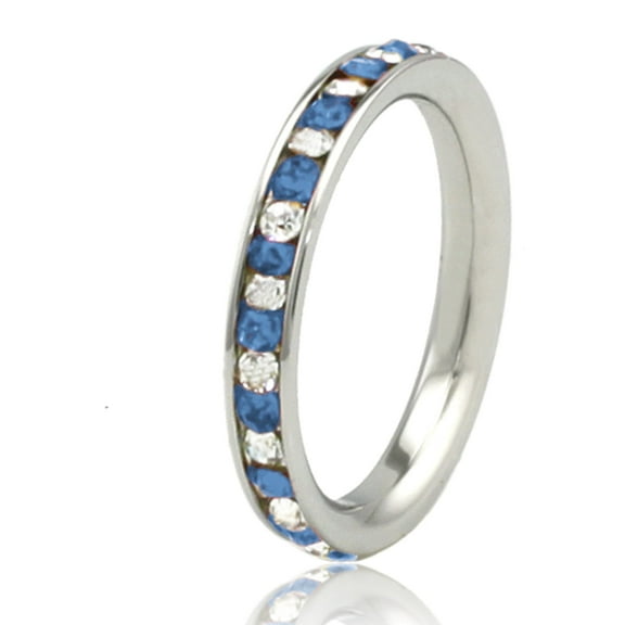 Tioneer Stainless Steel Blue Sapphire & White Crystal Channel Eternity Stackable Ring