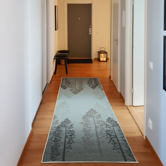 Country Decorative Rug, Pine Trees in the Forest on Foggy Seem Ombre Backdrop Wildlife Adventure Art, Quality Carpet for Bedroom Dorm and Living Room, 6 Sizes, Pale Blue, by Ambesonne