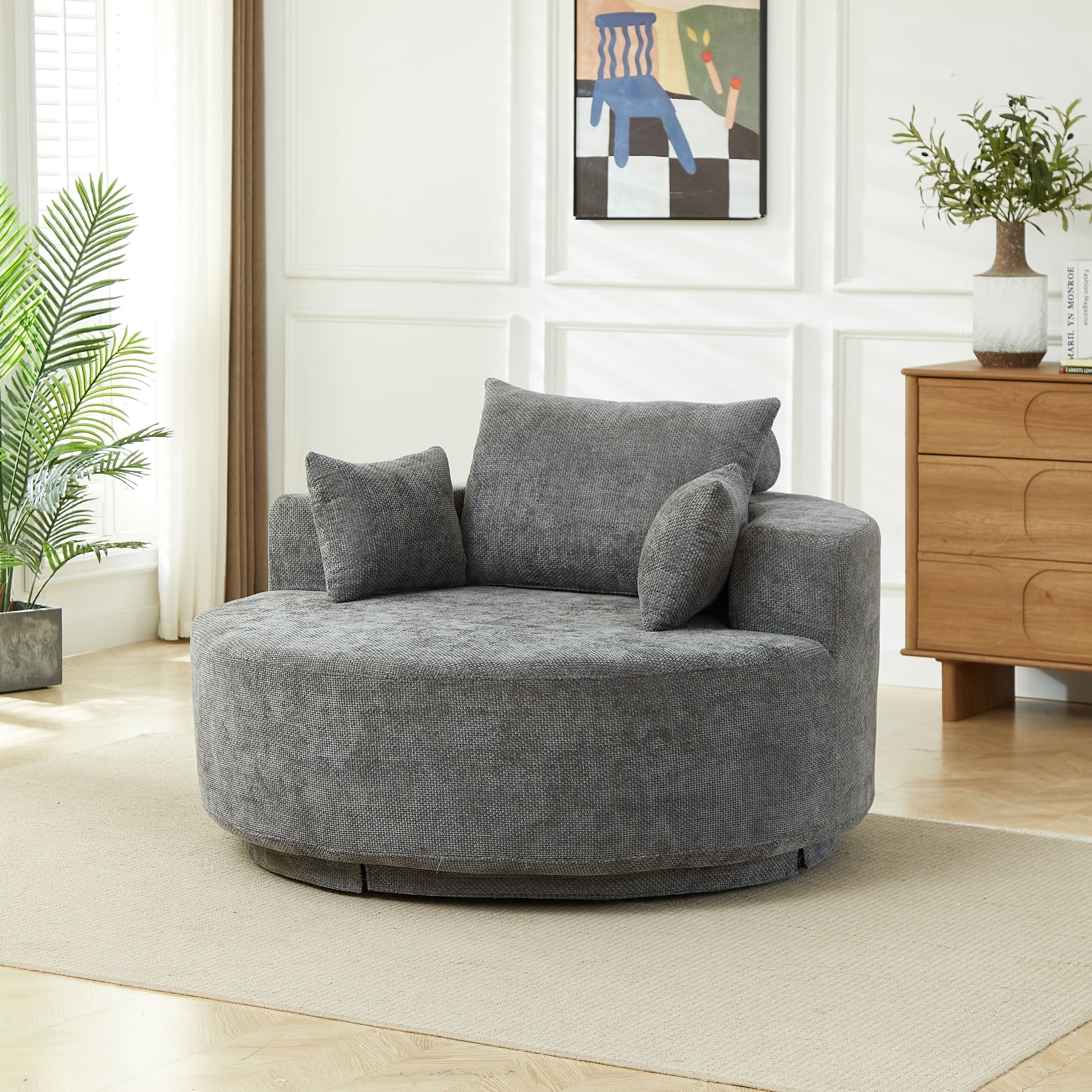 Leumius 55" Oversized Round Swivel Accent Chair,Upholstered Chenille 360 Degree Swivel Chair for Living Room, Bedroom, Lounge and Projection Room,Gray