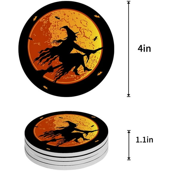FMSHPON Hallween Witch Bat Full Moon Night Set of 4 Round Coaster for Drinks, Absorbent Ceramic Stone Coasters Cup Mat with Cork Base for Home Kitchen Room Coffee Table Bar Decor
