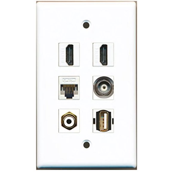RiteAV - 2 HDMI 1 Port RCA White 1 Port USB A-A 1 Port BNC 1 Port Cat5e Ethernet White Wall Plate