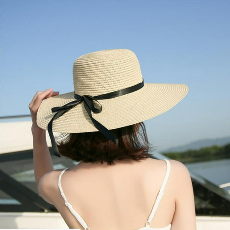Manunclaims Womens Sun Straw Hat Wide Brim UPF 50 Summer Hat Floppy Straw  Ribbon Bow Foldable Beach Hats for Women