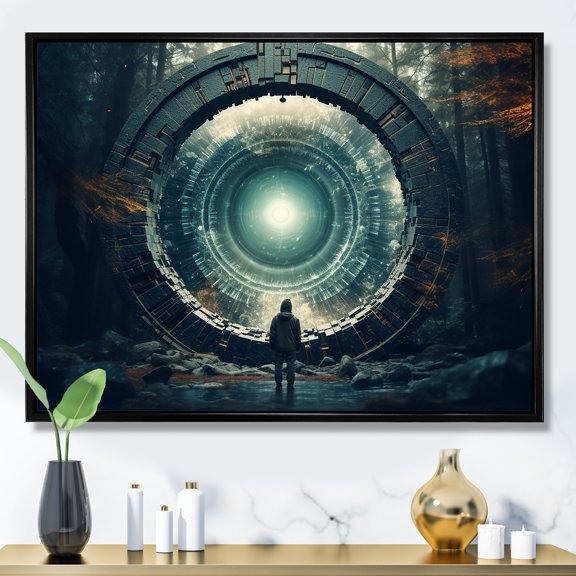 Designart "Surreal Gateway Stargate Revelation I" Landscapes Framed Wall Art - Traditional Green Surrealism Landscape Hallway Framed Wall Art Decor