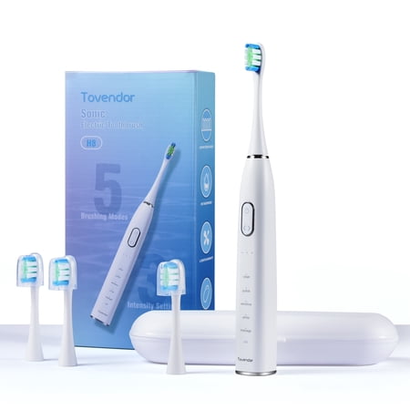 Tovendor Sonic Electric Toothbrush, Rechargeable Toothbrush with 5 Modes Teeth Care for Adult, 41,000 VPM 2mins Smart Timer IPX7 Power Toothbrush, with 4 Replacement Heads and One Portable Travel Case