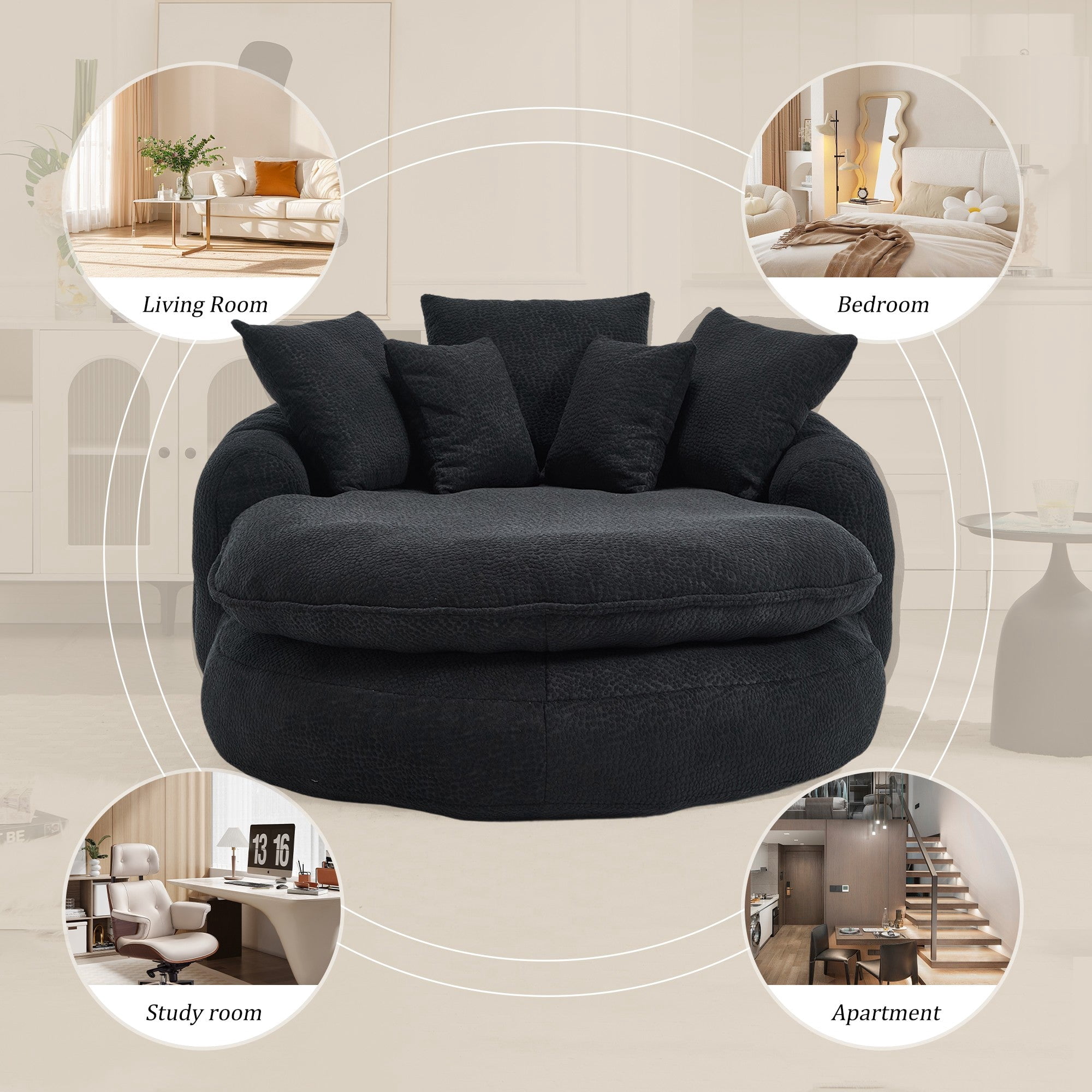 Sailvan Oversized Oval Bean Bag Sofa with 5 Pillows,Chenille Fabric Lazy Floor Sofa for Adults,Memory Foam Seating with Wrap Around Backrest Black