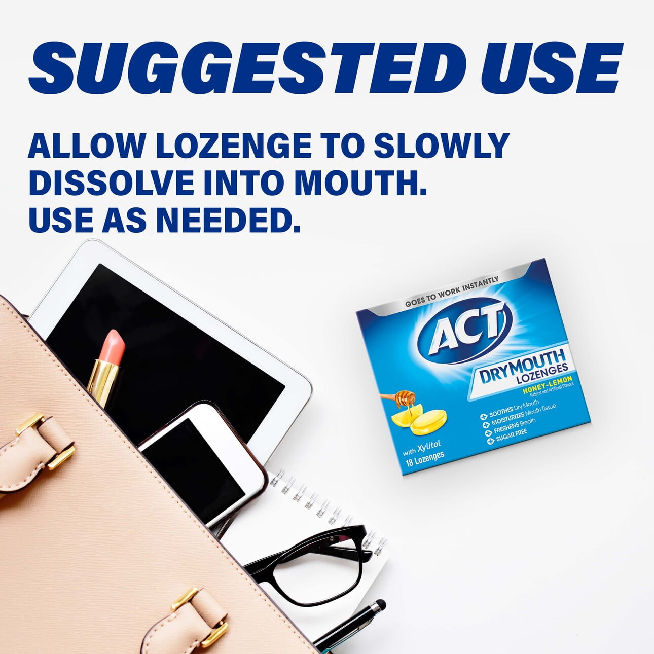 ACT Dry Mouth Lozenges with Xylitol, Sugar Free Honey-Lemon, 18 Lozenges