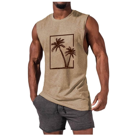 LpwkSSA Mens Sleeveless Framed Palm Tree Top Square Frame Graphic Design Crew Neck Soft Cotton Fabric Casual Silhouette for Beach Vacations Yellow XXL