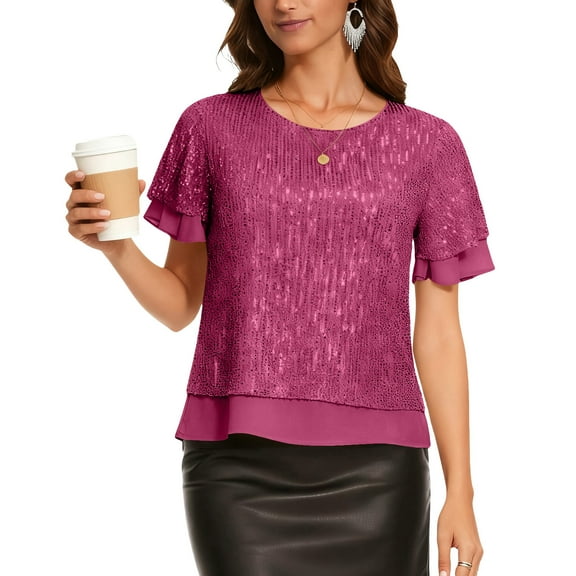 Sparkly Sequin Tops Womens Ruffled Short Sleeve Glitter Blouses Evening Party Dressy Casual Outfits for Women (XL, Hot Pink)