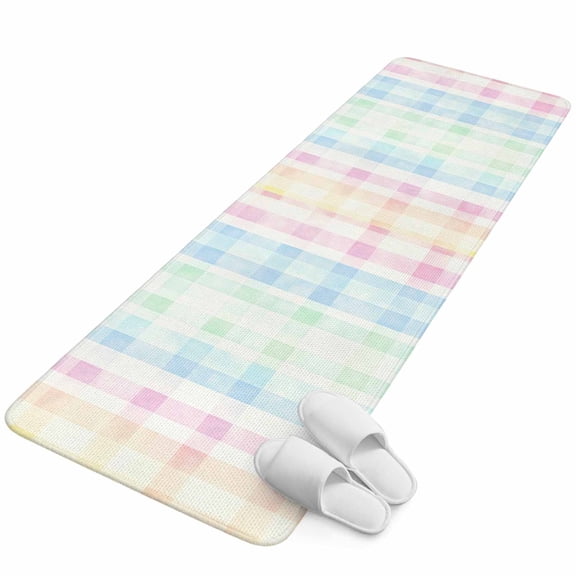Runner Rug 2.62'x6.56', Blue Pink Plaid Non Slip Backing Floor Mats Soft Area Rugs, Absorbent Muddy Dirt Trapping Carpet for Entryway Hallway Bedroom Kitchen Pastel Green White Buffalo Patchwork