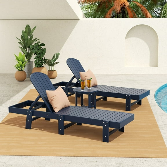Polytrends  Altura Armless Poly Eco-Friendly All Weather Reclining Chaise Lounge with Side Table Set (3-Piece Set) Navy Blue