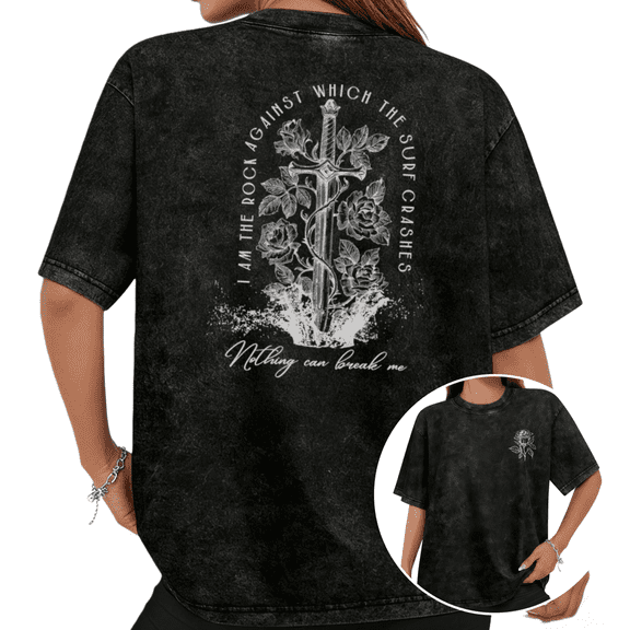 I Am Against Which The Rock Crushes Nothing Can Break Me Rose Sword Graphic Tees T-Shirt Tops Black S-2XL Plus Size