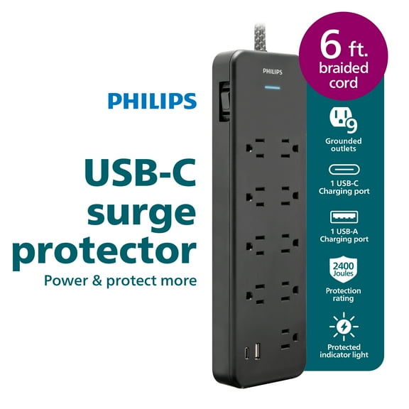 Philips 6-ft 9-Outlet Surge Protector, 1 USB-A, 1 USB-C, 15W, 2400J, Braided Cord, 6ft, Black