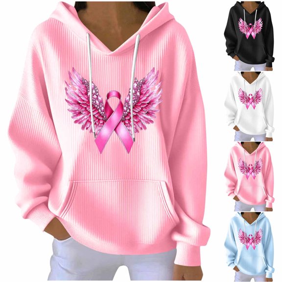 Zynoxe Womens Breast Cancer Awareness Hoodies Casual Soft Ribbed Knit Drop Shoulder Long Sleeve Lounge Hooded Sweatshirt with Pocket Pink S
