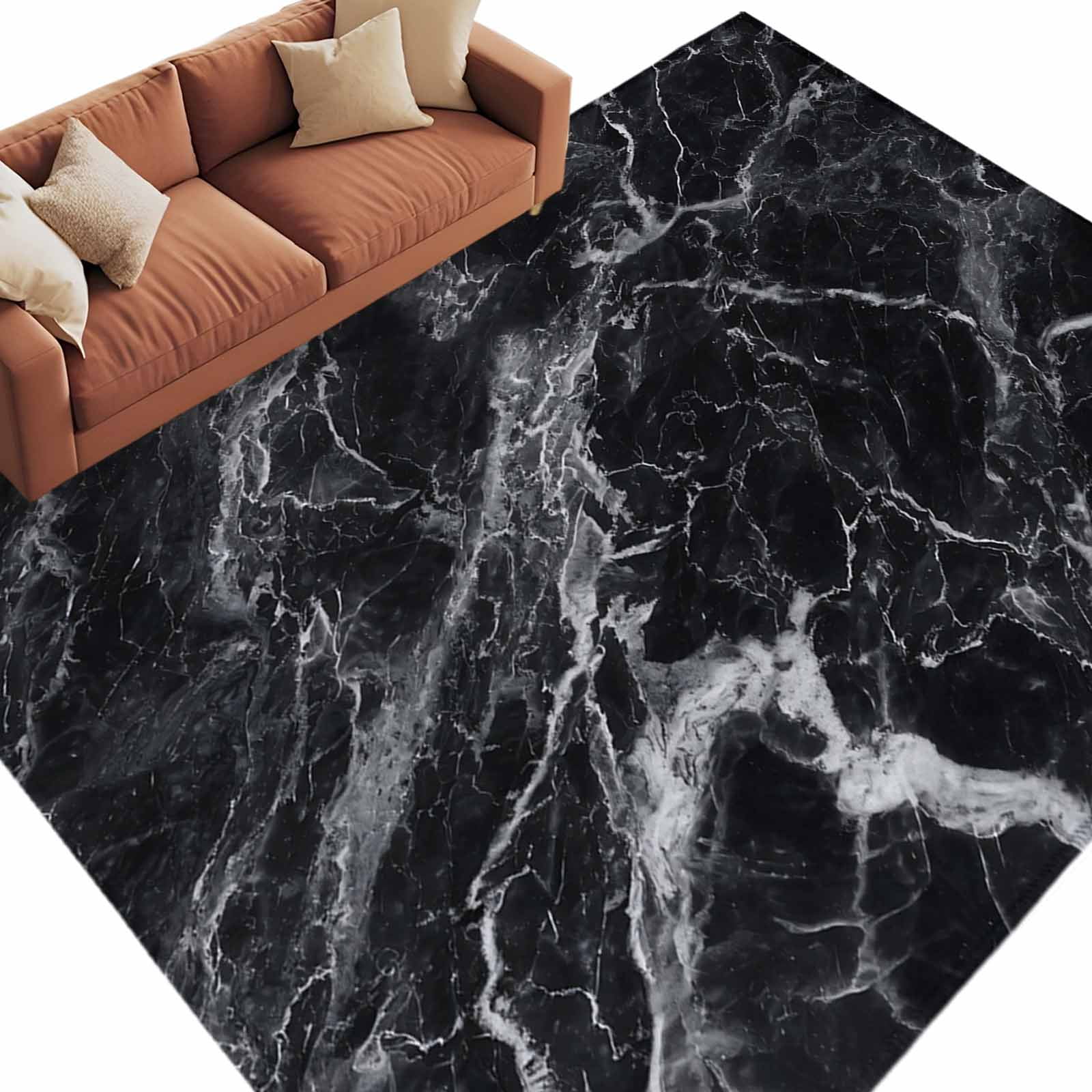 Abstract Art Washable Living Room Rugs 8'x10', Dark Black Marble Texture Modern Simple Low Pile Throw Large Area Rug Non-Slip Sturdy Edge Binding Carpet for Bedroom Dining Room Office