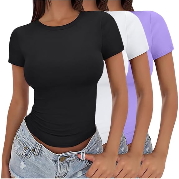 Helii Women's 3 Pack Short Sleeve Crop Tops Fitted Basic Tees Cotton Stretchy Summer Tight Crew Neck Slim Fit Solid Color T Shirts for Casual Daily Wear Layering Trendy Y2K Outfits