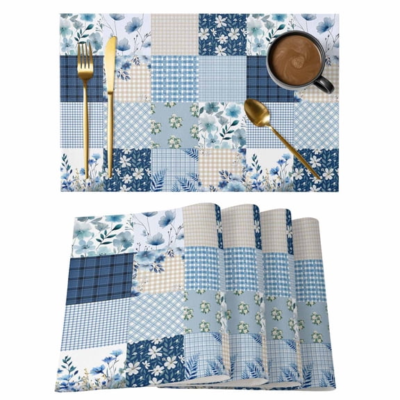 Bohemian Flower Patchwork Placemats Set of 8, Spring Vintage Blue Boho Floral Leaf Plaid Non-Slip Place Mats Washable Table Mats for Kitchen Dining Table Decorations Indoor/Outdoor