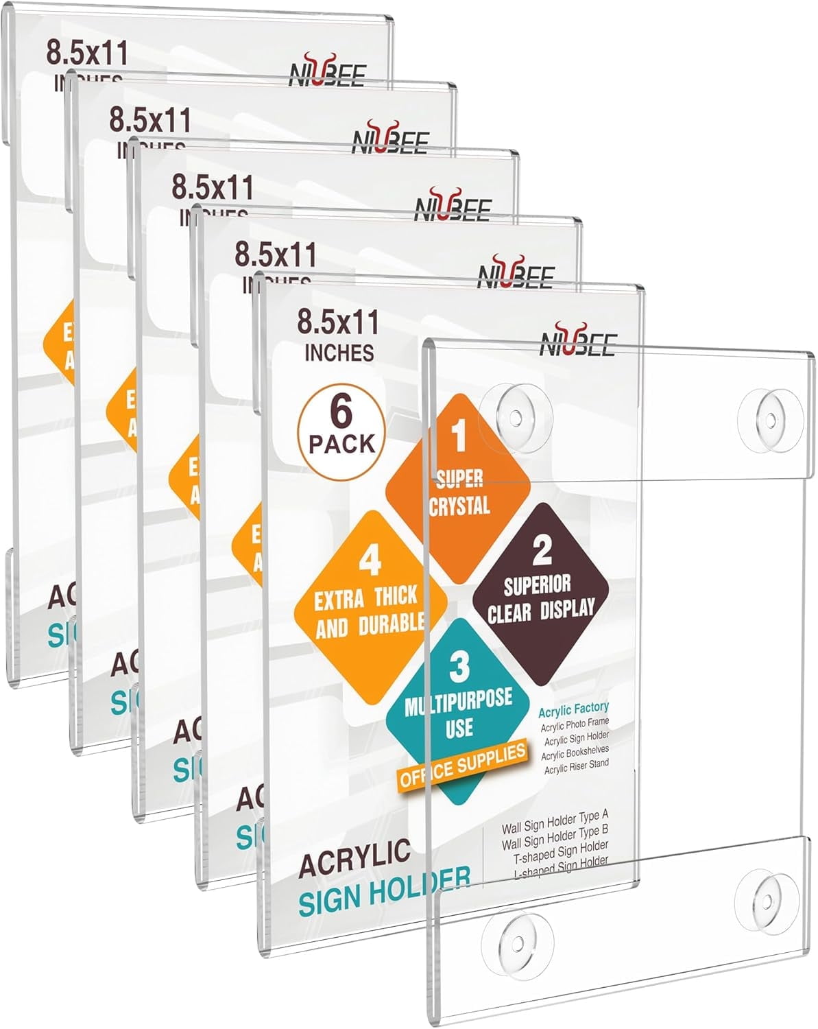 NIUBEE 6 Pack 5x7 Acrylic Wall Sign Holders - Clear Vertical Poster Frames With 3M Tape & Screws