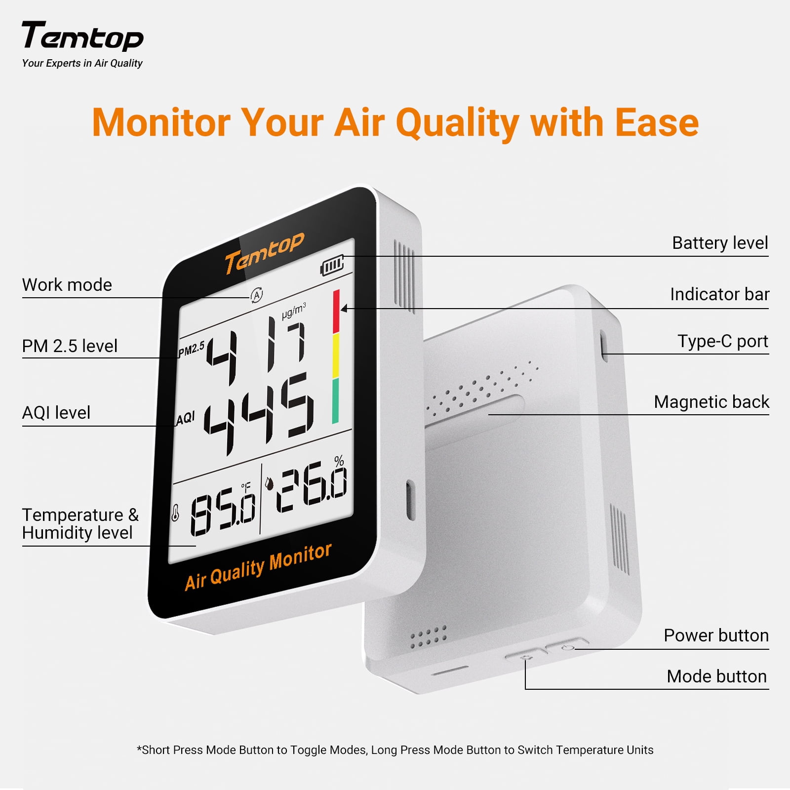 Temtop S1-UP Air Quality Monitor Indoor Thermo-Hygrometer - PM2.5, AQI, Temperature, and Humidity Meter for Home, Office, or School, Air Quality Measurement, 60-Day Battery Life