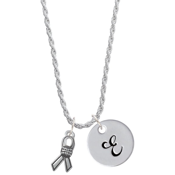 Delight Jewelry Silvertone Ribbon with Softball Silvertone Script Initial Disc - E - Charm Necklace, 20"+3"