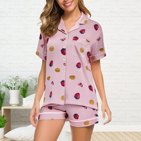 Summer Short Sleeved Lapel Pajama Set, Comfortable Home Wear, Shorts & Shirt, Pink M, Size M-2XL