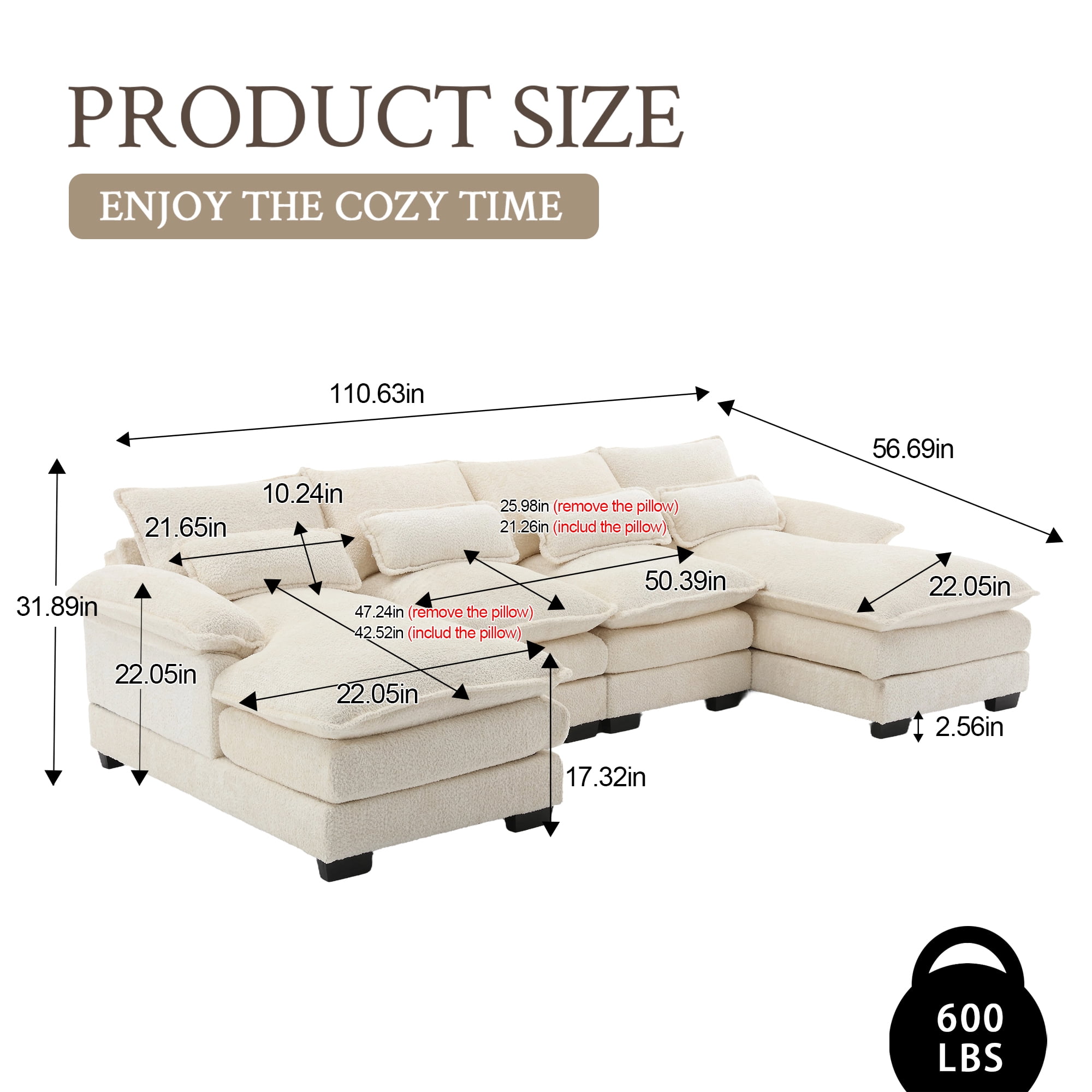 MOONMISS Chenille Upholstered U-Shaped Oversized four-seater Living Room Sectional Sofa With Wooden Frame-Beige