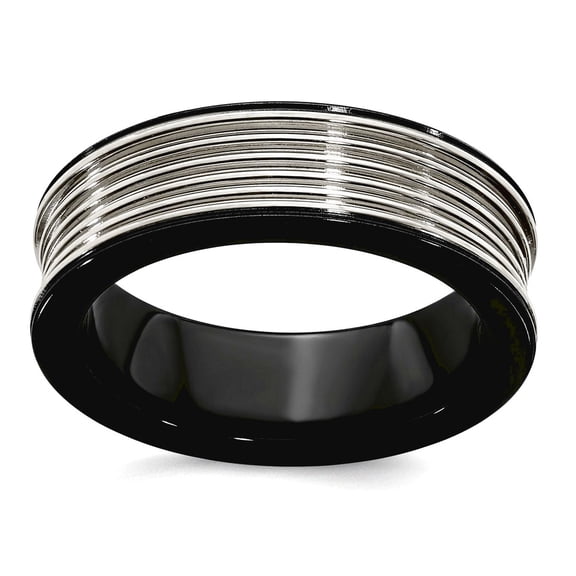 7.00mm Black Titanium and Titanium Polished Grooved Concave Ring Size 7.5 Ring for Women - 6.1 Grams