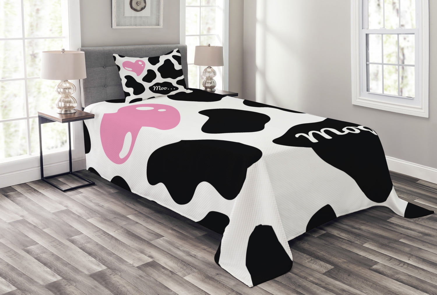 Cow Print Bedspread Set Twin Size, Camouflage Hide Pattern in Black and