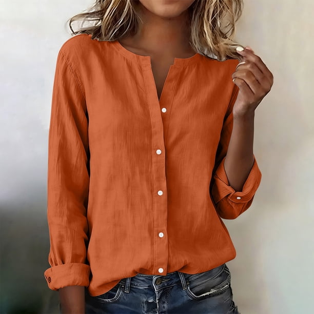 Craaazy Women's Casual V-Neck Blouse, Solid Color Long Sleeve Button Down Shirt, Loose Fit Comfy Tops for Daily Wear Gifts