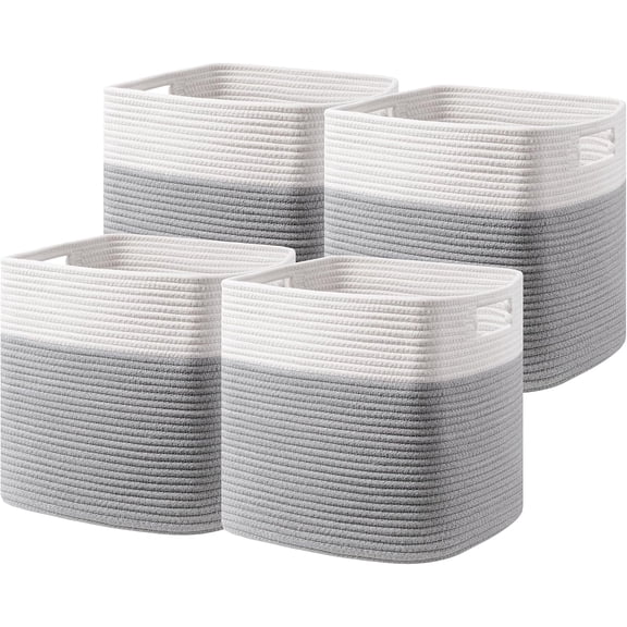 Set of 4 Storage Basket-13 X 13 X 13 in, Cotton Rope Basket for Shelves, Toys, Book, Cube Storage Bins with Handles, Woven Storage Basket for Organizing, White/Grey