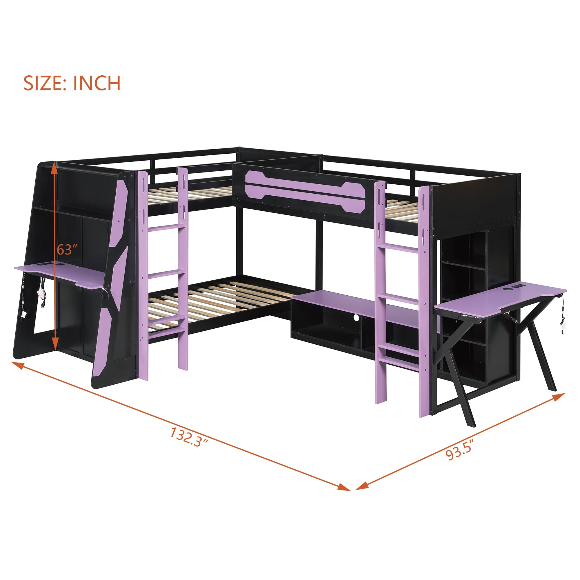 Mintazer L-Shaped Triple Twin Gaming Bunk Bed with 2 Gaming Desks & RGB LED Lights, Triple Bed Frame with USB Charging, TV Stand & Storage Shelves for Bedroom, Black & Red