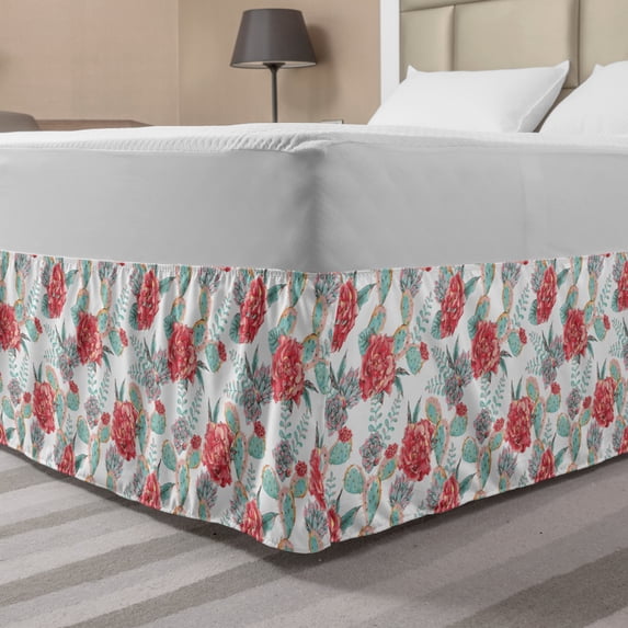 Cactus Spring Flower Bed Skirt, Hand Drawn Like Garden Art on a Plain Background, Elastic Bedskirt Dust Ruffle Wrap Around for Bedding Decor, 4 Sizes, Dark Coral and Almond Green, by Ambesonne