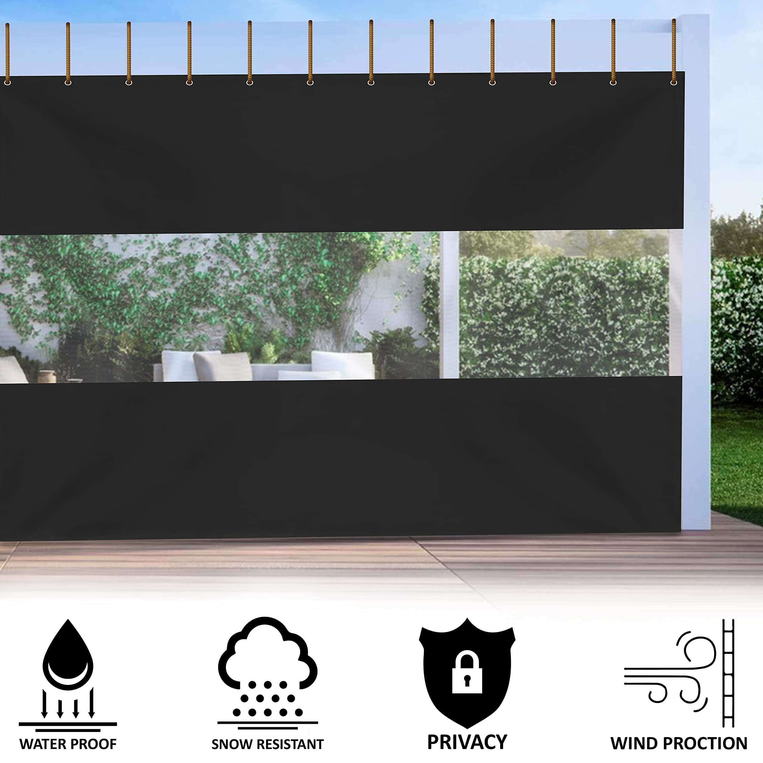 Covers & All Outdoor Clear Panel Curtain, 18 Oz Tarp Tuff Waterproof & UV Resistant Material with Rustproof Grommets, Multi-Purpose Ideal for Outdoors/Indoors (4' H x 8' W feet, Black)