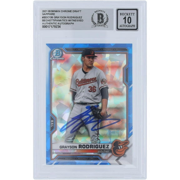 Grayson Rodriguez Baltimore Orioles Autographed 2021 Bowman Chrome Draft Sapphire #BDC-136 Beckett Fanatics Witnessed Authenticated 10 Card - Fanatics Authentic Certified