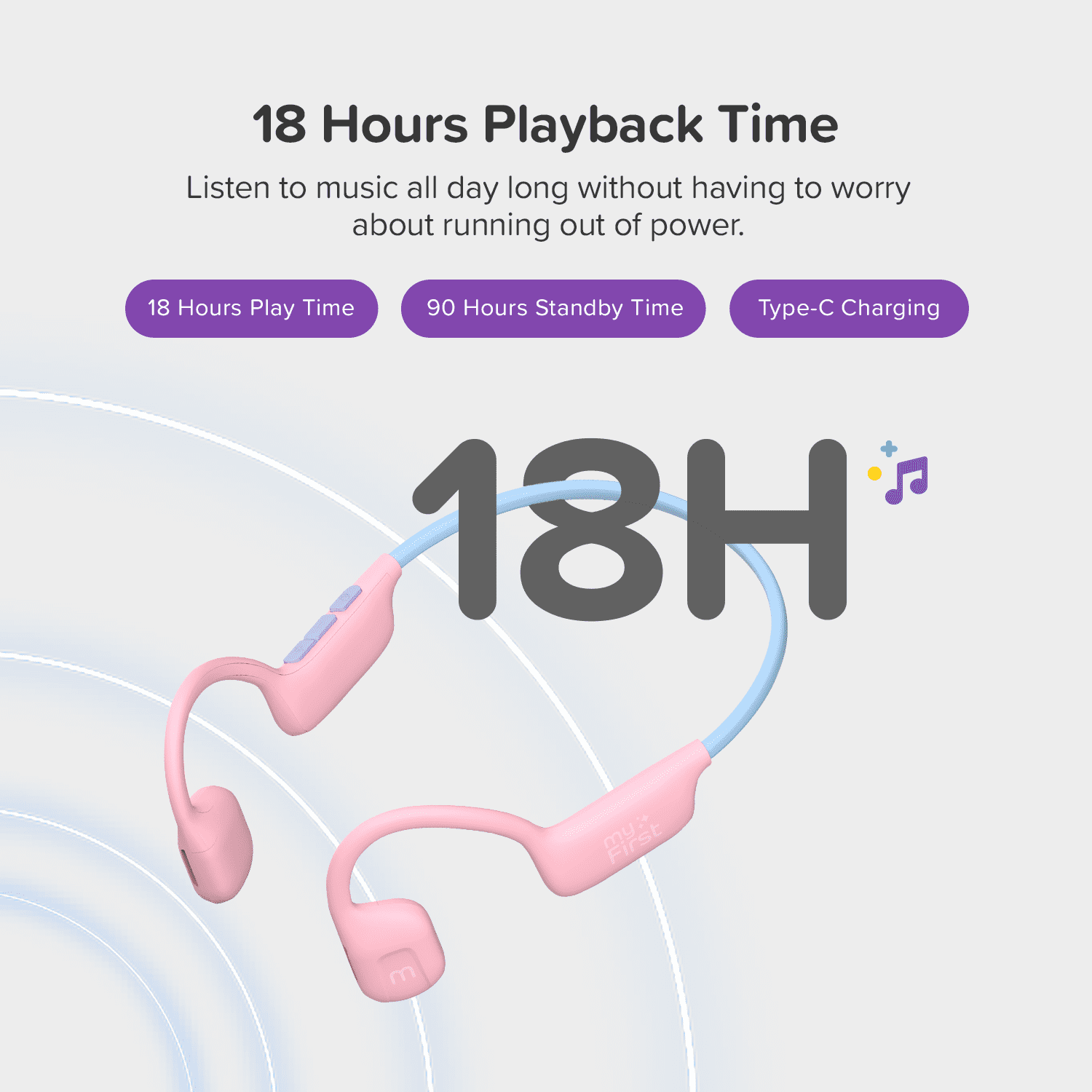 myFirst Airwaves Wireless Open-Ear Kids Headphones - Safe Listening, 18H Battery Life, New Pink