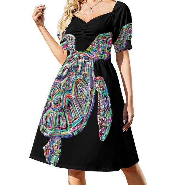 Vestido de manga corta con estampado de tortuga marina floral - Hermoso vestido de verano para mujer Ropa estética