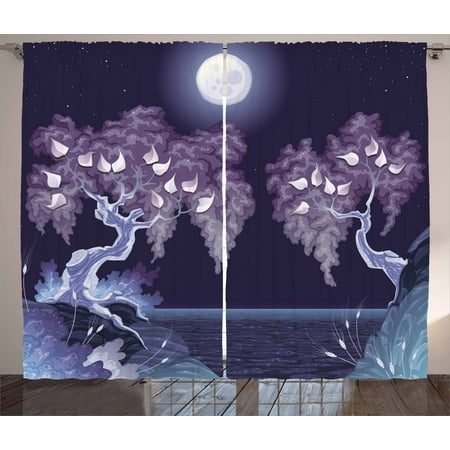 Full Overlay Panels - Nature Curtains 2 Panels Set, Bright Full Moon by the Lake Magical Night Dramatic Hazy Spooky Background Mystic Scene, Window Drapes for Living Room Bedroom, 108W X 90L Inches, Purple, by Ambesonne