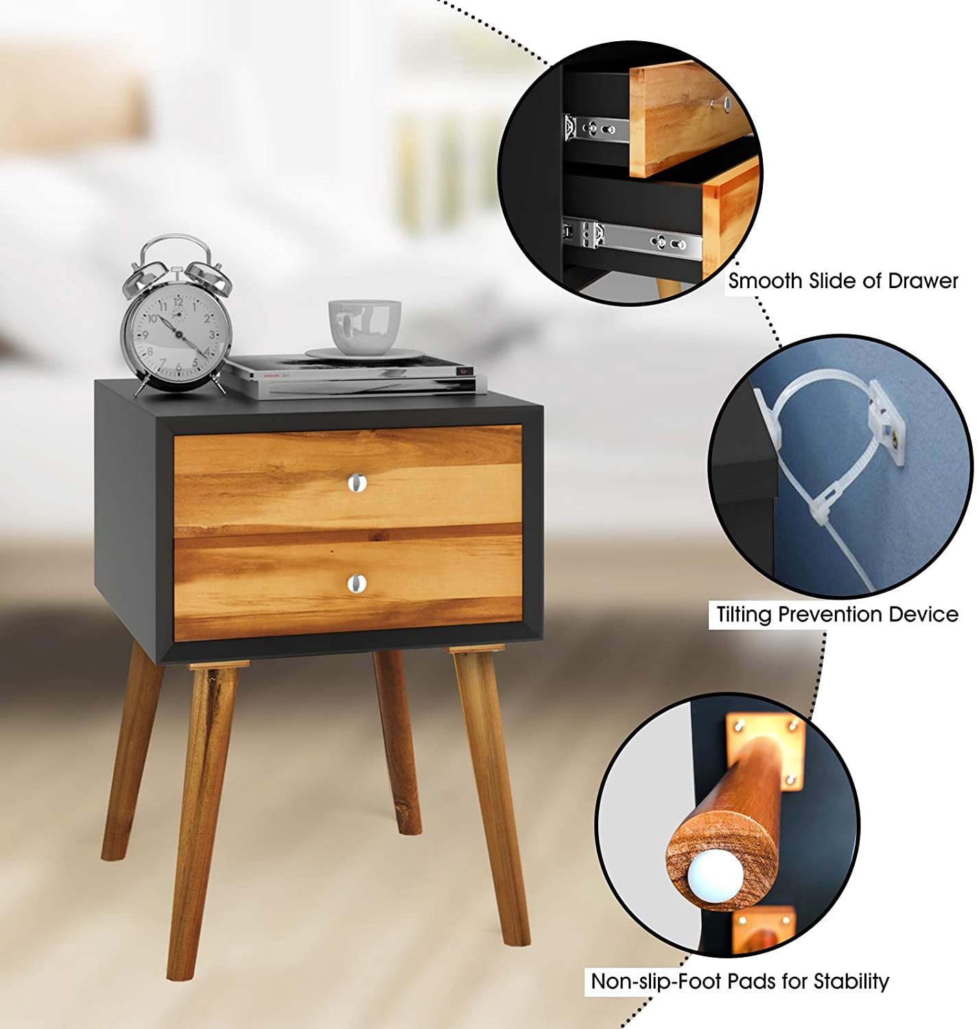 Giantex End Side Table Nightstand with Storage Drawer and Shelf, Wood Nightstand with 2-Drawers, Solid Wood Legs Living Room Bedroom Furniture