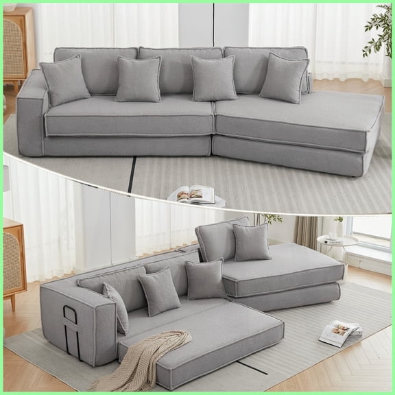 Lamb Velvet 3-Seat Convertible Sleeper Sofa Bed – Living Room Gray | Upholstered | Cushion Back | Square Arms